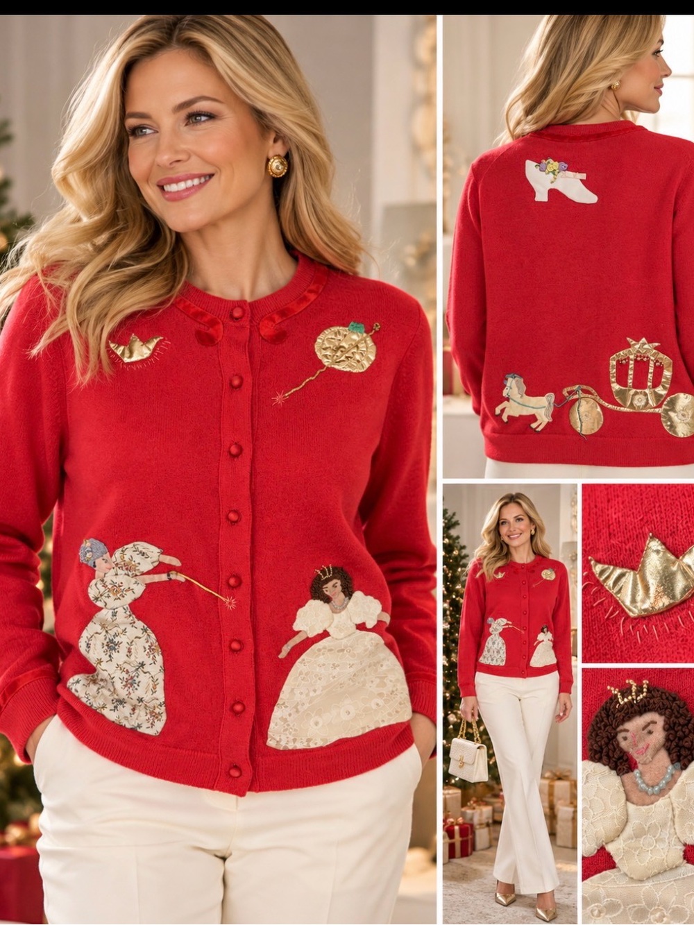 Vintage Dallon 100% Cashmere Cinderella Princess Appliqué Cardigan Sweater Large